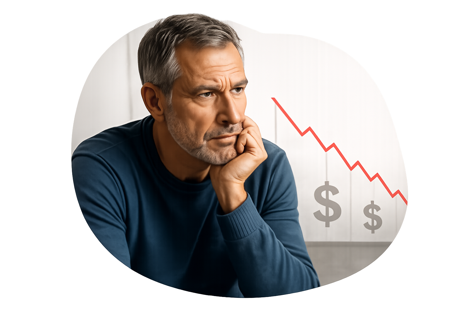Concerned man watching the value of money fall